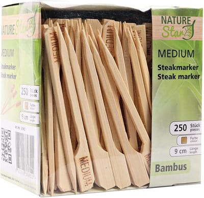 250 houten spiesjes prikkers 9 cm van bamboe met opdruk Medium - hapjes barbecue grill sate stokjes - Vlees Steak marker - wegwerp