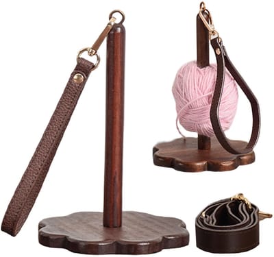 longziming -Blütenförmige Garenhouder - Draadhouder voor Handwerk - Garenstandaard - Verstelbaar tot 120 cm - Massief Notenhout - Antislip Basis - Roterende Arm - Donkerbruin