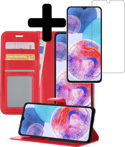 Hoesje - Met Screenprotector - Geschikt voor Samsung Galaxy A23 - Luxe Pasjeshouder - Bookcase Portemonee - Flip Case - Kunstleer Book Case - Flipcase - Book Cover - Walletcase - Portemonneehoes - Telefoonhoesjes - Rood