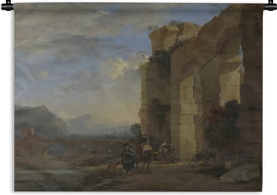 Wandkleed Jan Asselijn - Ezeldrijvers bij een Italiaanse ruïne - Schilderij van Jan Asselijn Wandkleed katoen 180x135 cm - Wandtapijt met foto