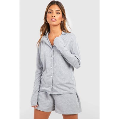 boohoo Dames Jersey Pyjamashirt met Lange Mouwen en Knoopsluiting | Grey Marl | Maat: 14