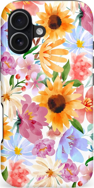 Casetastic hoesje geschikt voor Apple iPhone 18 Pro - Dubbellaagse bescherming - Bloemenwind - Fashion Case - Lichtblauw Terracotta Geel