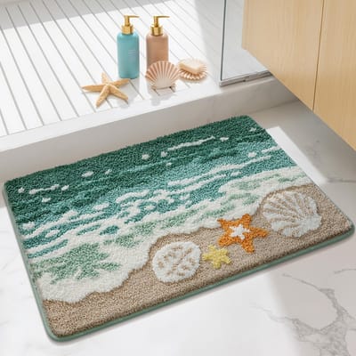 Strandbadkamertapijt, antislip, absorberende badmat met zeesterren en schelpen, zachte microvezel badkamermat voor douche, keuken en hal