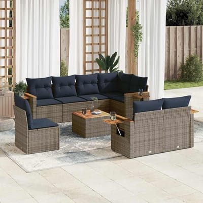 vidaXL - 9-delige - Loungeset - met - kussens - poly - rattan - grijs