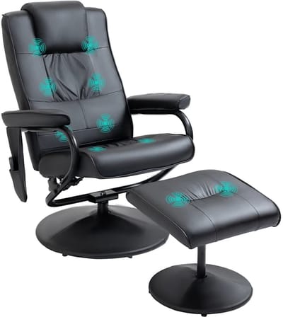 Elektrische Massagestoel - Power Massagefauteuil met Voetenbankje - 10 Vibratiekoppen - Verstelbare Rugleuning - Draaibaar - tot 120 kg - met Afstandsbediening - Relaxfauteuil - TV stoel - Kunstleer - Zwart