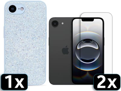 Casemania Hoesje en Glas Geschikt voor Apple iPhone 16e - Blauw - Diamant Glitter Back Cover / 2x Glazen Screenprotector