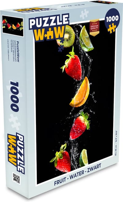 Puzzel Fruit - Water - Zwart - Stilleven Aardbei - Kiwi - Legpuzzel - Puzzel 1000 stukjes volwassenen