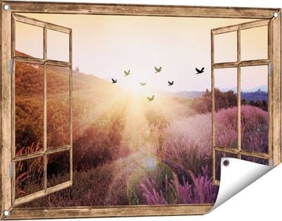 Gards Tuinposter Doorkijk Silhouet Zwerm Vogels bij Zonsondergang - 90x60 cm - Tuindoek - Tuindecoratie - Wanddecoratie buiten - Tuinschilderij