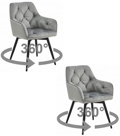 Set van 2 - Stoel JORK 360 - Zilvergrijs Velvet - Zwarte Metaalpoten - Luxe Eetkamerstoel - Fauteuil - Met Armleuning - 360° Draaibaar - Modern Design - Elegant en Comfortabel voor Woonkamer, Keuken of Eetkamer - Max. 110 kg