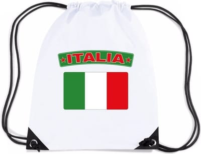 Italie thema sporttas - nylon rijgkoord rugzak - wit met vlag print - supporters - 11 liter - 45 x 34 cm