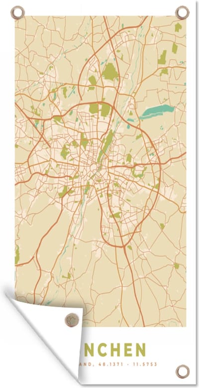Schuttingposter München - Plattegrond - Kaart - Vintage - Stadskaart - 100x200 cm - Tuindoek