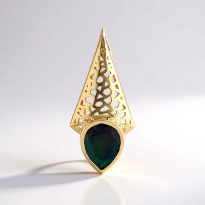Cavill - Hanger 9K Geelgoud met 0,361 ct Peervormige Mezezo Opaal uit Ethiopië - Modern Geometrisch Filigraan Design - Luxe Gouden Sieraad 19x9 mm