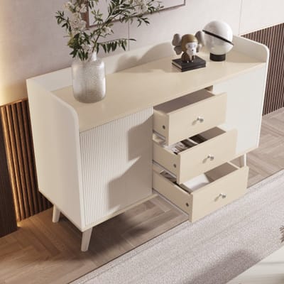 Sideboard 117,5 cm – Modern dressoir met 3 lades en opbergplanken – Houtlook kast voor woonkamer & slaapkamer