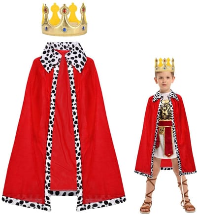 Koningscape voor Kinderen, Koningskostuum voor Kinderen met Kroon, Rood Fluwelen Koninklijk Gewaad voor Jongens en Meisjes, Middeleeuwse Prins, Koning, Koningin, Manteljas voor Halloween, Verkle