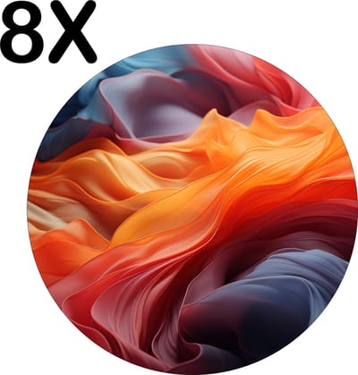 Luxe Ronde Placemat - Oranje en Grijze Golvende Satijn - Set van 8 Placemats - 50x50 cm - 2 mm dik Vinyl - Anti Slip - Afneembaar