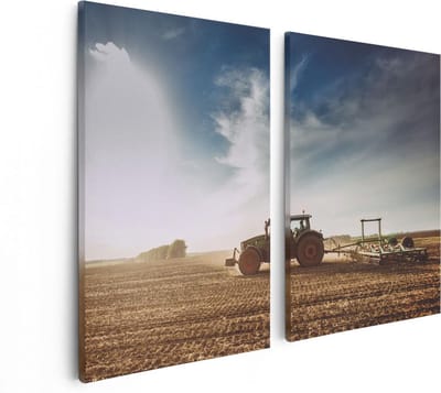 Artaza Canvas Schilderij Tweeluik Tractor op het Veld - Trekker - 80x60 - Foto Op Canvas - Canvas Print