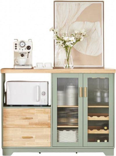 LUMÉ STORE Buffetkast - Keukenkast - Dressoir - Opbergkast - Wijnrek 8 Flessen - Magnetronvak - 2 Lades - 120x90x40cm - Groen