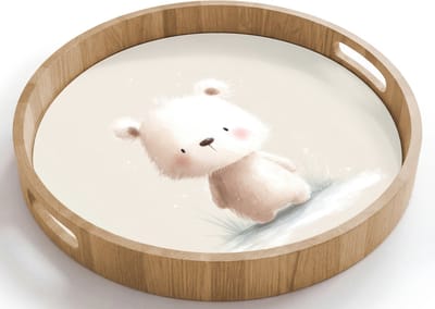 Dienblad rond 40x40 cm - Schootdienblad hout - Beertje - Sneeuwvlokje - Wit - Pluizig - Borrelplank rechthoek - Plateau houten dienbladen