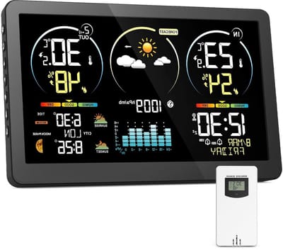 Draadloos Weerstation - Weersvoorspeller Buiten - Binnenklimaat Bewaken - Groot Kleurendisplay - 20 x 13 cm - Zwart