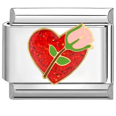 Quiges - Schakel - Bedel - 9mm - charms - rood hart en roos - Geschikt voor - armband - Schakelarmband - italy bedels armband