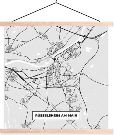 Posterhanger incl. Poster 40x40 cm - Schoolplaat - Kaart - Rüsselsheim Am Main - Duitsland - Stadskaart - Plattegrond - Textielposter - Blanke latten - Stadskaart