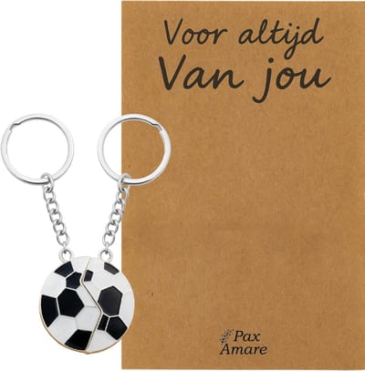 Koppel Sleutelhanger voor 2 'Voor altijd van jou' - Magnetische Voetbal - Sleutelhanger set op Cadeau Kaartje - Zilverkleurig - Persoonlijke Hanger - Pax Amare