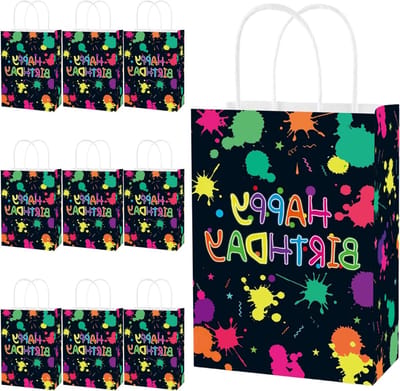 SnelShoppen - 10 Stuks Happy Birthday Neon Feest Tassen, Papieren Goodie Bags met Handvat, Neon Kleur, Perfect voor Verjaardagsfeesten, Carnavalsfeest