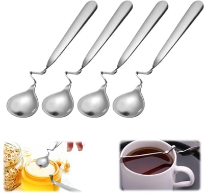 4 stuks - Roestvrijstalen lepels - Koffielepel met gebogen handvat - Gedraaid ontwerp haakvormige bekerlepel - Honinglepel - Kleine roerlepel - Gedraaid ontwerp - Lepel met haakvormige rand -14,4*3,3 cm -Zilver -Geschikt voor honing, yoghurt en ijs