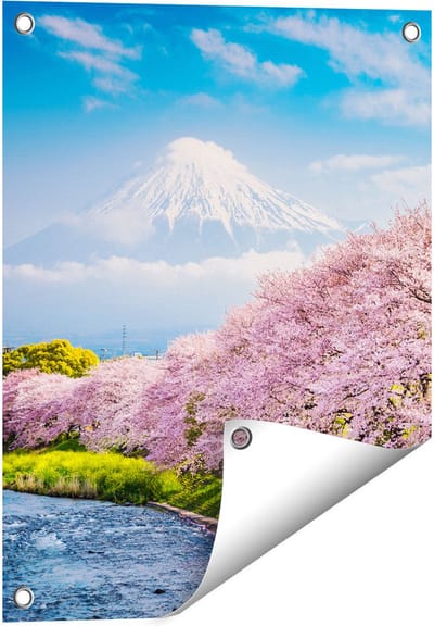 Gards Tuinposter Roze Bloesembomen bij de Fuji Berg - 40x50 cm - Tuindoek - Tuindecoratie - Wanddecoratie buiten - Tuinschilderij