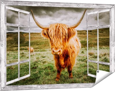 Gards Tuinposter Doorkijk Schotse Hooglanders in de Weide met Wolken - 120x80 cm - Tuindoek - Tuindecoratie - Wanddecoratie buiten - Tuinschilderij