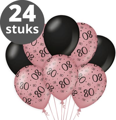 Verjaardag Versiering Pakket 80 jaar (24 stuks) Zwart en Roze - Ballonnen Roze & Zwart - Ballonnen Rose Goud / Black 80 jarige - Verjaardag 80 Birthday Meisje / Vrouw / Dames - Ballonnen verjaardag - Birthday Party Decoratie (80 Jaar)