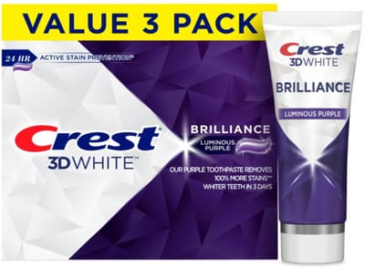 Crest 3D White Brilliance Luminous Purple Whitening Tandpasta 130g – 3-Pack (Large Size) – Whitening, 24HR lang actieve vlekpreventie & Beschermt tegen Gaatjes