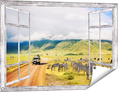 Gards Tuinposter Doorkijk Safari Auto tussen de Zebra's - 90x60 cm - Tuindoek - Tuindecoratie - Wanddecoratie buiten - Tuinschilderij