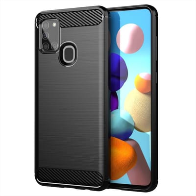 Cadorabo Hoesje geschikt voor Samsung Galaxy A21s in Brushed Zwart - Beschermhoes van flexibel TPU siliconen in roestvrij staal-carbonvezel look Case Cover