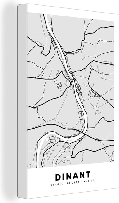 Canvas Schilderij Stadskaart – Zwart Wit - Kaart – Dinant – België – Plattegrond - 20x30 cm - Wanddecoratie