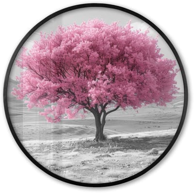 Poster in lijst Rond - Fotolijst 60x60 cm - Posters - Boom - Natuur - Roze - Zwart wit - Ronde posterlijst zwart - Decoratie - Wanddecoratie woonkamer - Muurdecoratie slaapkamer