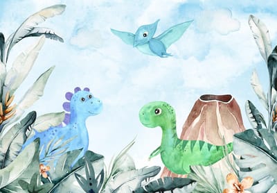 Fotobehang - Dinosaurus -T-Rex - Vulkaan - Bladeren - Lucht - Groen - Pastel - Vliesbehang- 254x184cm (lxb)