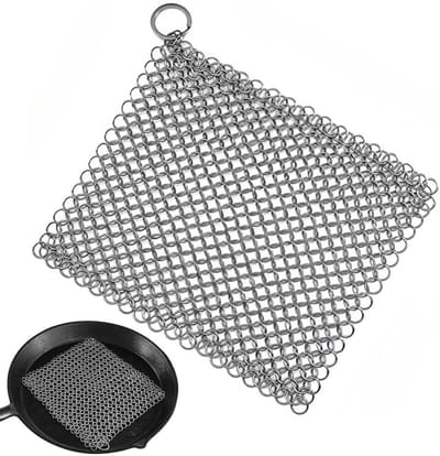 Gietijzeren Pan Reiniger - Ketting Schraper - Pannen Schoonmaken - Roestvrij Staal - 17.5 x 17.5 cm - Zilver