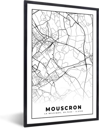 Fotolijst incl. Poster Zwart Wit- Zwart Wit – België – Plattegrond – Stadskaart – Kaart – Mouscron - 40x60 cm - Posterlijst