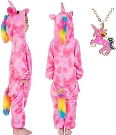 La Señorita Eenhoorn Onesie Unicorn roze huispak kostuum kinderen - 176-182 (L) + ketting verkleedkleding jurk meisje - warme pyjama