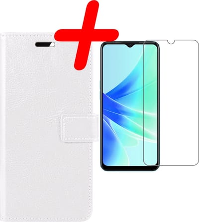 Hoesje Met Screenprotector - Geschikt voor OPPO A17 - Luxe Pasjeshouder - Bookcase Portemonee - Flip Case - Kunstleer Book Case - Flipcase - Book Cover - Walletcase - Portemonneehoes - Wit