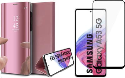 Hoesje geschikt voor Samsung Galaxy A53 - Book Case Spiegel Wallet Cover Hoes Roségoud - Full Tempered Glass Screenprotector