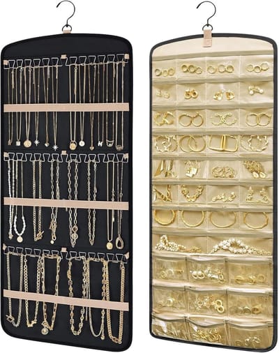 Famanu – Sieradenorganizer dubbelzijdig, hangend met 39 vakken en 3 golvende metalen haken, voor kettingen en accessoires, zwart