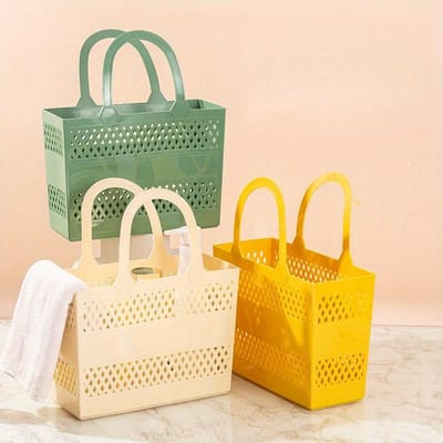 1 pièce Panier de rangement en plastique polyvalent avec poignée, Design ajouré, Organisateur grande capacité pour salle de bain, cuisine et usage domestique, Organisateur de salle de bain 1pc beige
