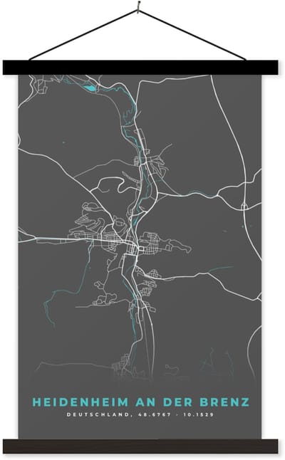 Posterhanger incl. Poster 40x60 cm - Schoolplaat - Plattegrond – Heidenheim an der Brenz – Blauw – Stadskaart – Kaart - Duitsland - Textielposter - Zwarte latten - Stadskaart