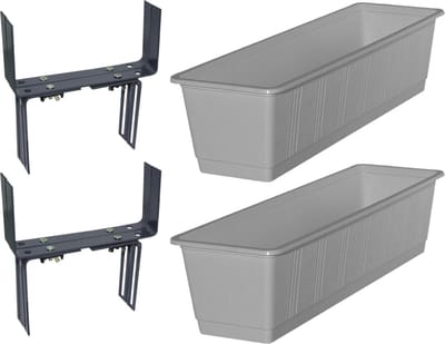 Set van 2 kunststof plantenbakken grijs rechthoekig 60 cm met 4 verstelbare balkon/muurbeugels