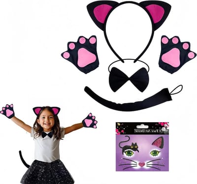 Dames kattenkostuum set met oren, haarband, strik, handschoenen, staart en gezichtstickers voor carnaval, Halloween en cosplay feestjes