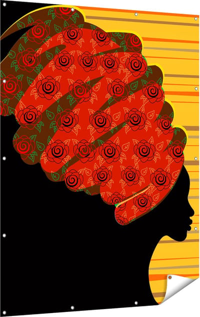 Gards Tuinposter Afrikaanse Vrouw met Bloemen Tulband - Abstract - 120x160 cm - Tuindoek - Tuindecoratie - Wanddecoratie buiten - Tuinschilderij