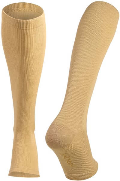 KANGKA® Compressiekousen met Open Teen Maat L - Compressie Sokken - Steunkousen voor Hardlopen, Wandelen, Vliegtuig - Unisex - Beige