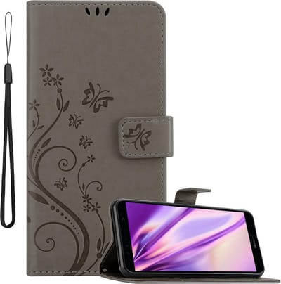 Cadorabo Hoesje geschikt voor Honor 7A / Huawei Y6 PRIME 2018 in BLOEMEN GRIJS - Beschermhoes in bloemmotief met magnetische sluiting, standfunctie en kaartsleuven Book Case Cover Etui